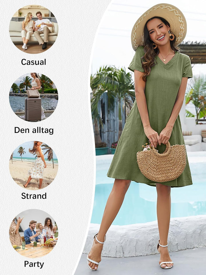 Tincini Sommerkleid Damen Leinen Kleider Casual V-Ausschnitt Midikleid Kurzarm A-Linie Kleid Strandk