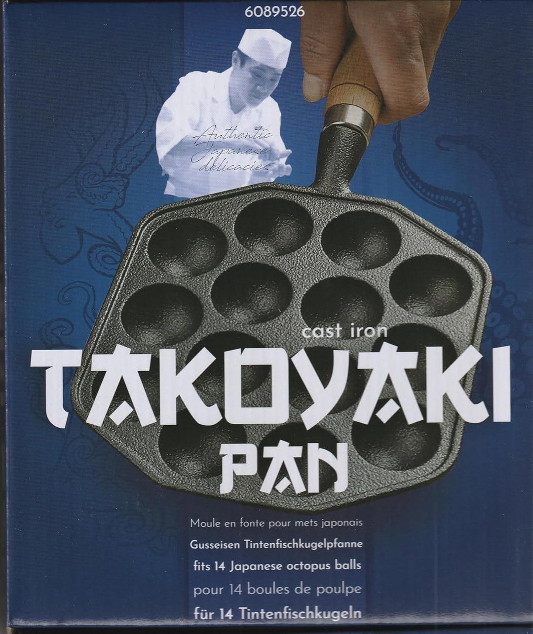 Takoyaki Pfanne aus Gusseisen mit Pick – 14 Mulden (3,5 cm) | Antihaft Takoyaki Maker | Octopus Ball