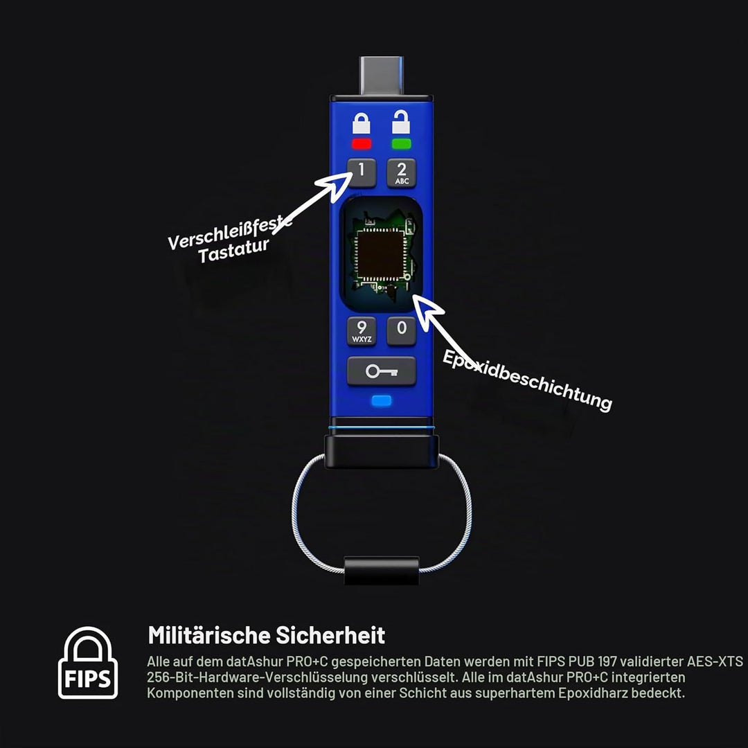 iStorage datAshur PRO+C 512 GB | Sicherer USB-Typ-C-Speicherstick | FIPS 140-3 Level 3 zertifiziert