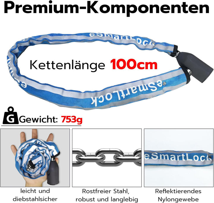 Eseesmart Fahrradschloss mit Fingerabdruck, Hohe Sicherheit Anti-Diebstahl Fahrrad Kettenschloss mit