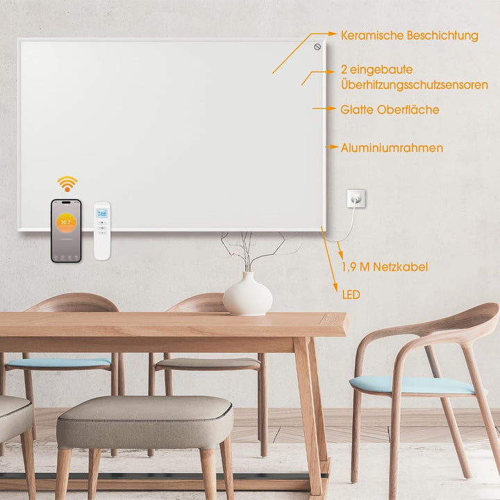 Byecold Infrarotheizung mit Thermostat 580 Watt, App Fernbedienung Steuerung, Infrarot wandmontage E