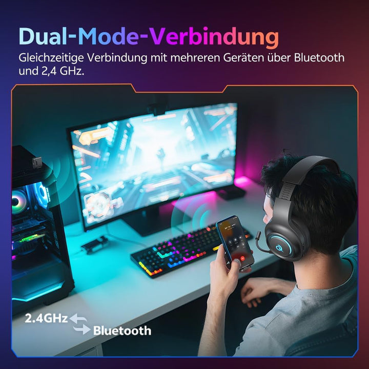 QCY HEROAD V200 Gaming Headset,2.4GHz Wireless Headset mit mikrofon für PS5,PS4,PC,Switch,Abnehmbare