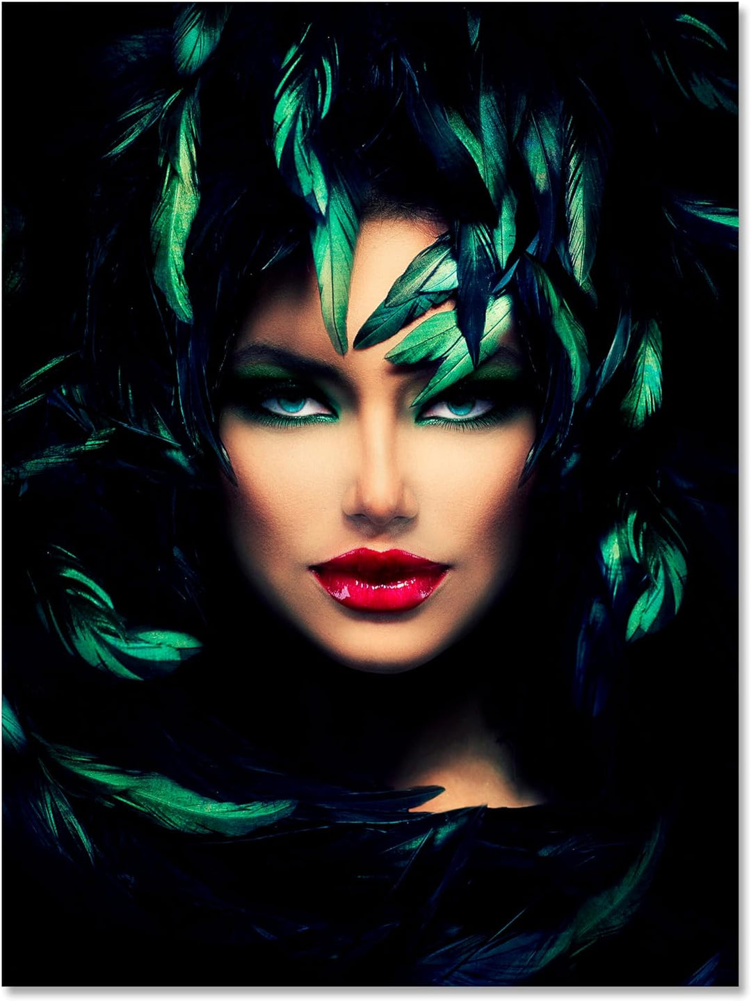 wandmotiv24 Model Motiv als Leinwandbild, 100x75cm, Hochformat, Frau im Dschungel, Pflanzen, rote Li