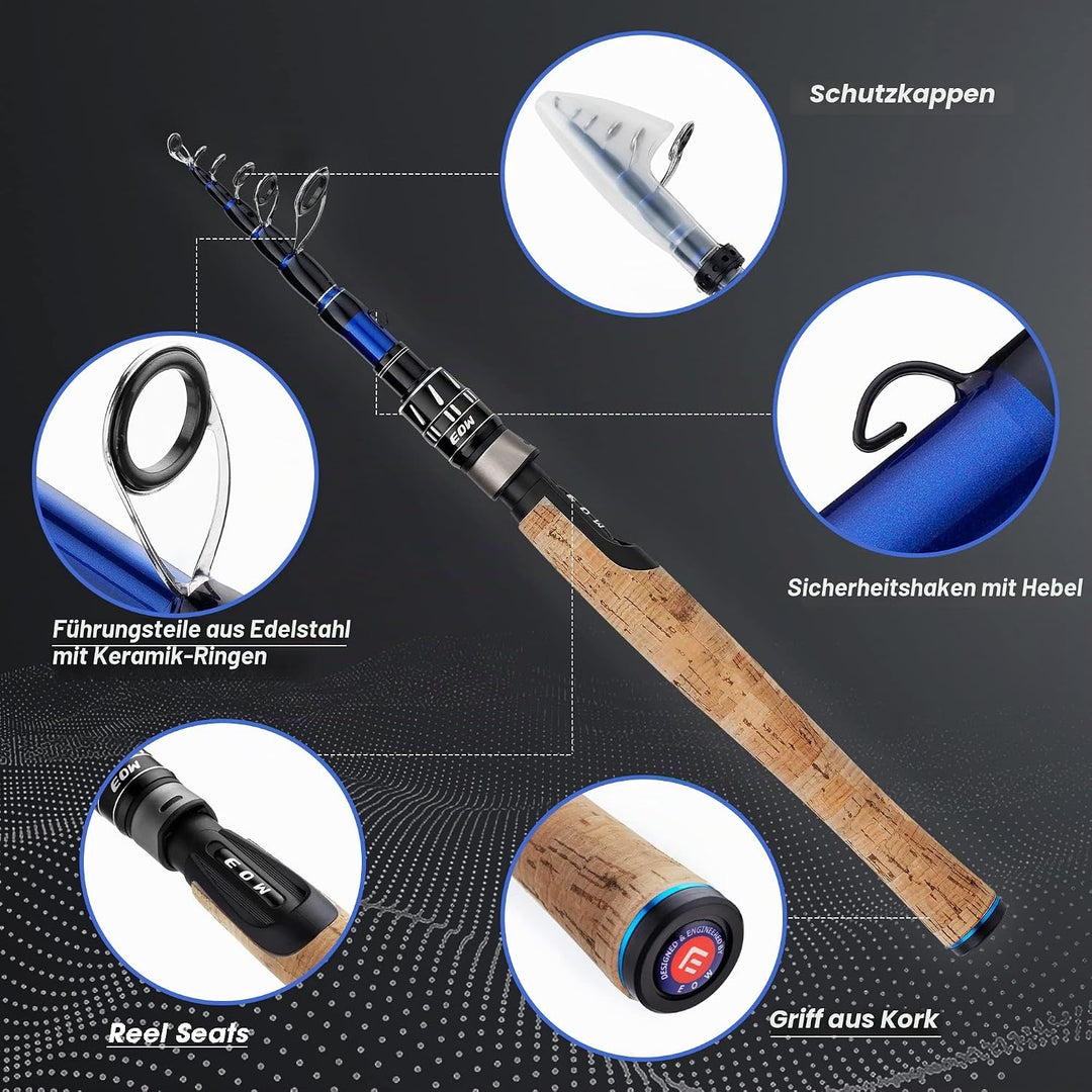 EOW XPEDITE PRO Tragbare Teleskop-Angelruten, 24T Carbon Rohlinge & Solid Carbon Spitze, Korkgriff,