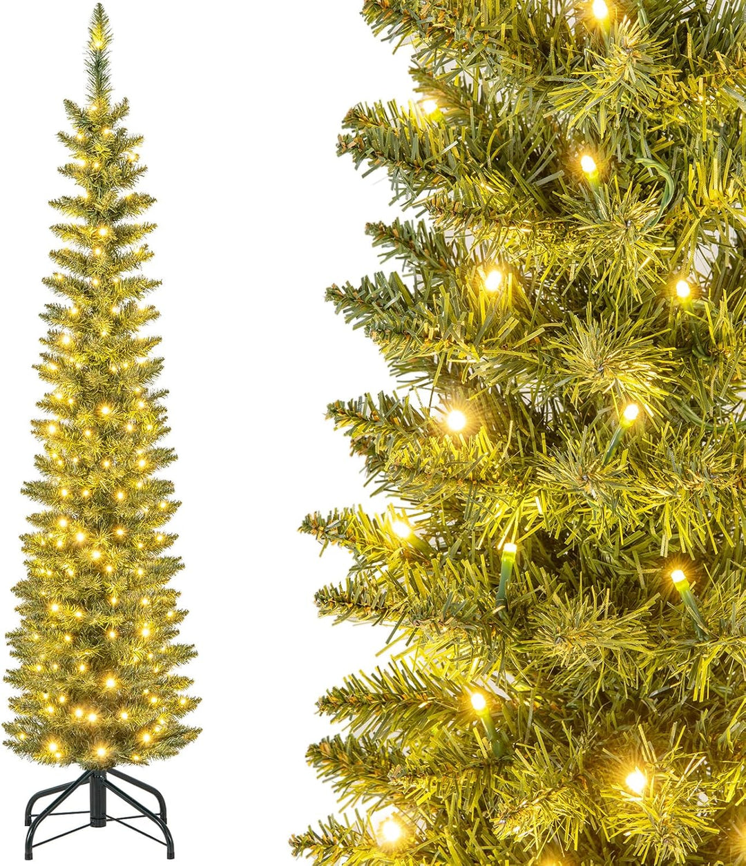 COSTWAY 150 cm Künstlicher Weihnachtsbaum mit Beleuchtung, Bleistift Tannenbaum mit 150 warmweissen