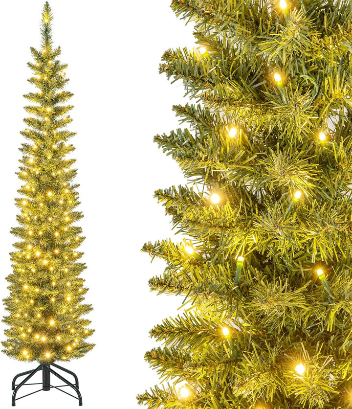 COSTWAY 150 cm Künstlicher Weihnachtsbaum mit Beleuchtung, Bleistift Tannenbaum mit 150 warmweissen