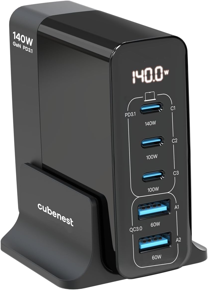 CubeNest 140W USB Ladestation | 2 x USB A + 3 x USB C Ladegerät mit LCD Display | GaN Ladegerät USB