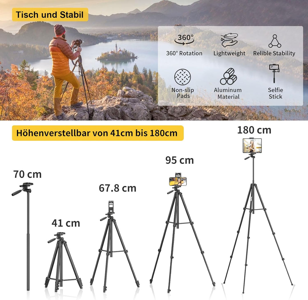 KINGJOY Handy Kamera Stativ 60" Leichtes Smartphone Stativ mit Fernauslöser, 360°Drehung Tragbar Tri