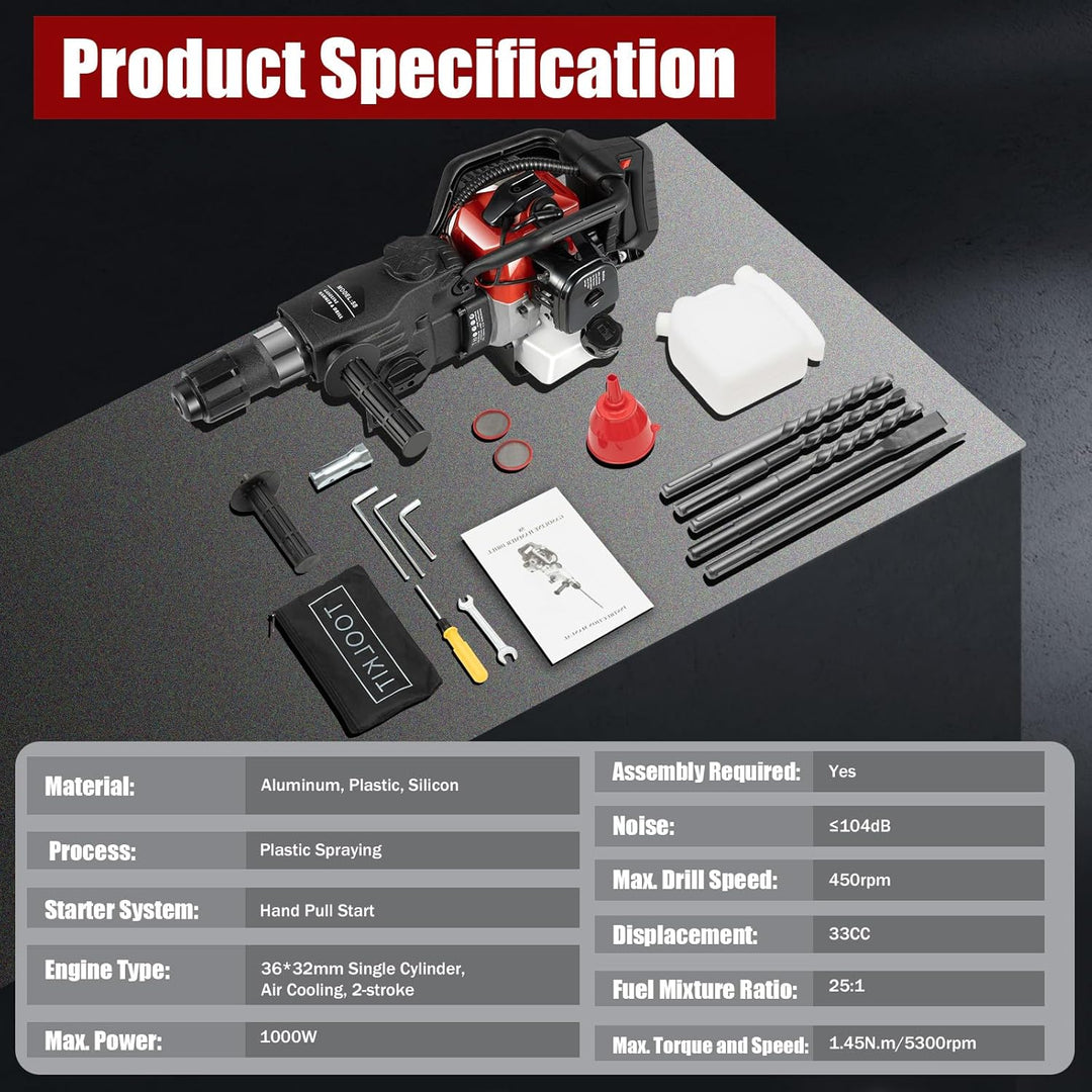 1200W Abbruchhammer Benzin,Stemmhammer Meisselhammer,Stemmhammer Meisselhammer,2-Takt Motor,32.6 cc,