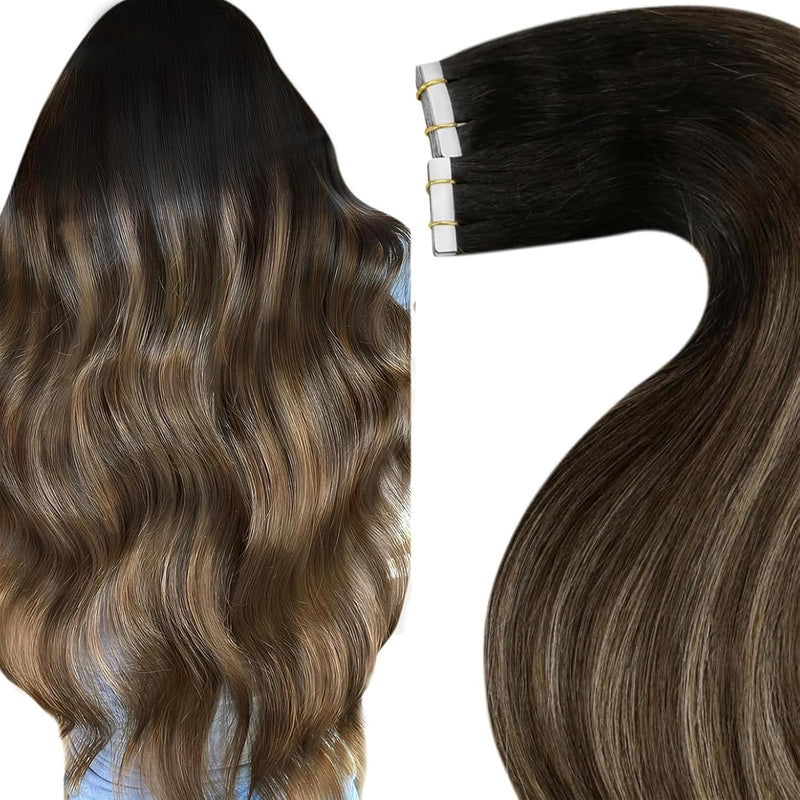 Hetto Tape in Extensions Echthaar Balayage Tape in Haarverlangerung Schwarz Ombre Braun Balayage Kar