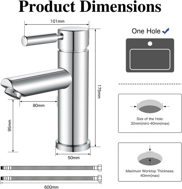 kisimixer Wasserhahn Bad, 304 Edelstahl Waschtischarmatur Mischbatterie Waschbecken Armaturen, Einhe