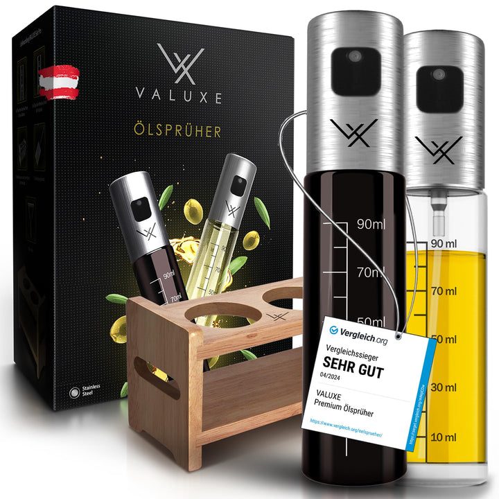 VALUXE® Ölsprüher für Speiseöl und Essig mit UV-Schutz Glas & Sprühfilter - 2er Set Edelstahl Öl-Spr