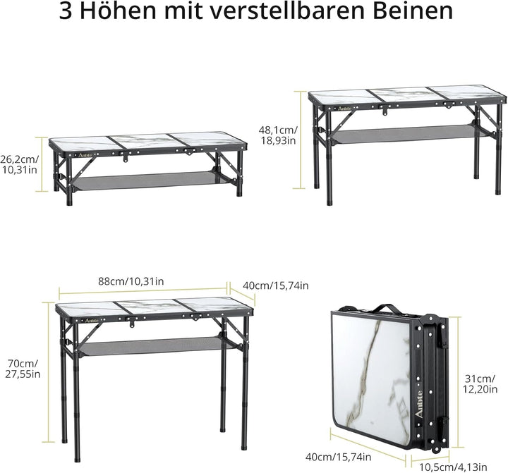 Anbte Campingtisch Klappbar 88x40cm Aluminium Rahmen 3 Höhenverstellbar 26/48/70cm Picknicktisch mit
