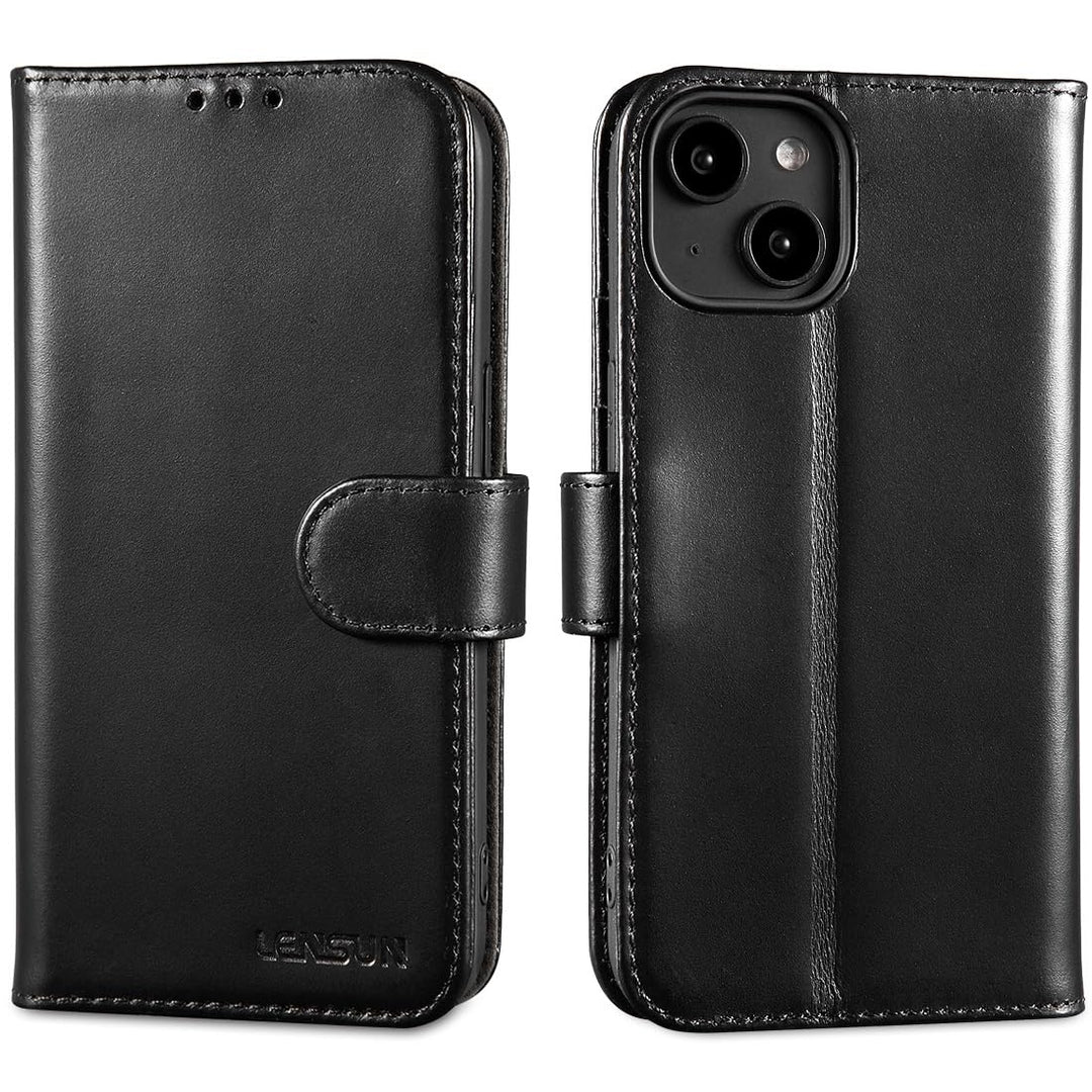 LENSUN Echtleder Hülle für iPhone 14, Bookstyle Handytasche - Glatt Schwarz | Handyhülle Echtes Lede