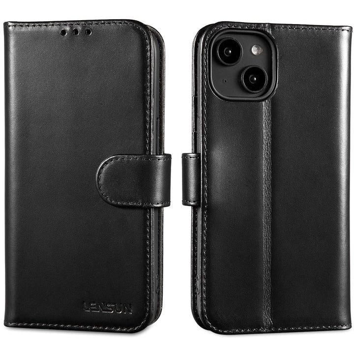LENSUN Echtleder Hülle für iPhone 14, Bookstyle Handytasche - Glatt Schwarz | Handyhülle Echtes Lede