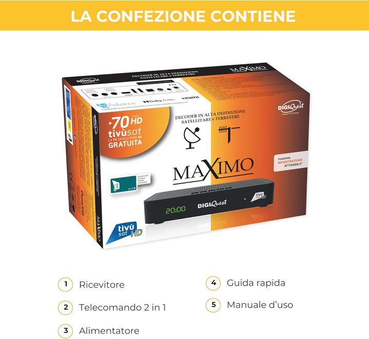 DIGIQUEST Combo-Decoder tivùsat Maximo | DVB-S2 und DVB-T2 | 2-in-1-Fernbedienung | tivùsat-Smartcar