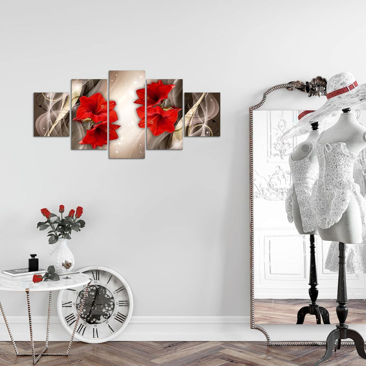 Runa Art Wandbilder Blumen Lilien 5 Teilig Bild auf Vlies Leinwand Deko Wohnzimmer Abstrakt Rot Beig