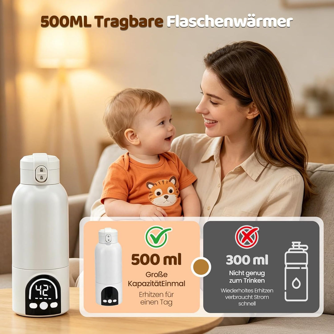 500ml Tragbarer Flaschenwärmer Baby, Mobiler Flaschenwärmer Baby mit Ladekabel & 12000mAh-Akku,Desin