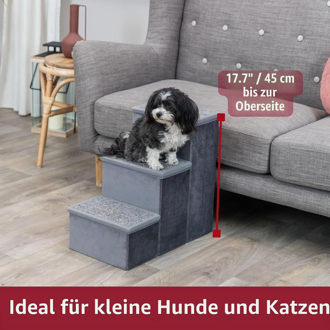 Trixie Velours Faltbare 3-stufige Haustiertreppe mit Stauraum, zusammenklappbar, Staufächer für Haus