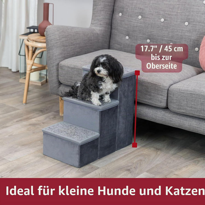 Trixie Velours Faltbare 3-stufige Haustiertreppe mit Stauraum, zusammenklappbar, Staufächer für Haus