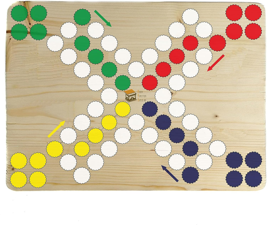 Bierkastensitz Raus mit dir inkl. Spielfiguren und Würfel als Geschenkidee, Sitzauflage aus Holz für