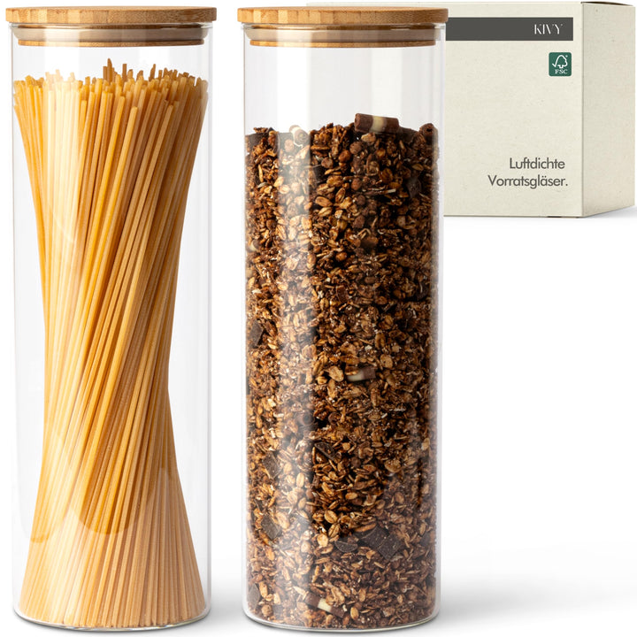 KIVY Vorratsdosen Glas Set [2 x 1800ml] – Nudel & Spaghetti Aufbewahrung als Glasbehälter mit Deckel