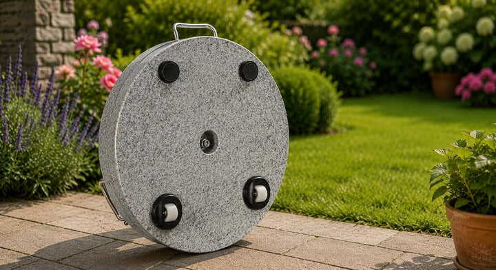 DIES&DAS Schirmständer aus Granit, Sonnenschirmständer rund, 45cm, 30kg, Edelstahlgriff, 2 Rollen fü