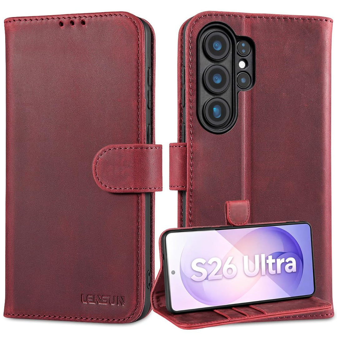 LENSUN Echtleder Handyhülle für Samsung Galaxy S26 Ultra, Hülle [Brieftasche][RFID Schutzhülle][Stan