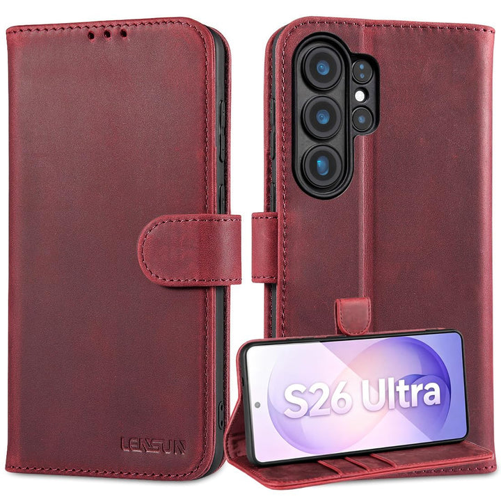 LENSUN Echtleder Handyhülle für Samsung Galaxy S26 Ultra, Hülle [Brieftasche][RFID Schutzhülle][Stan