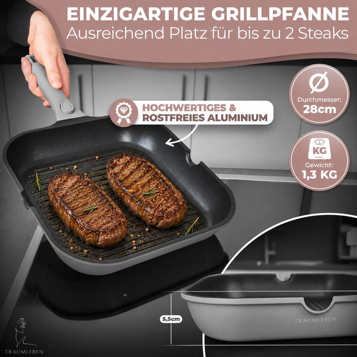 NEU Grillpfanne 28 cm mit Ausguss &amp; abnehmbarem Griff, Antihaftbeschichtung, PFOA-frei, für Induktio