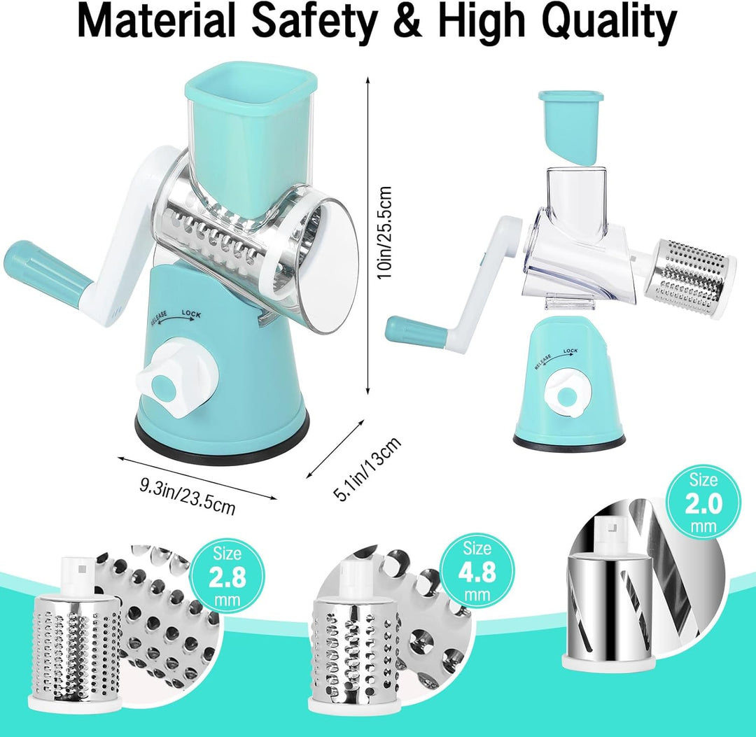 Dreamhigh® Käsereibe mit Kurbel, Gemüseschneider mit 3 Edelstahl Austauschbaren Trommelklingen, Manu