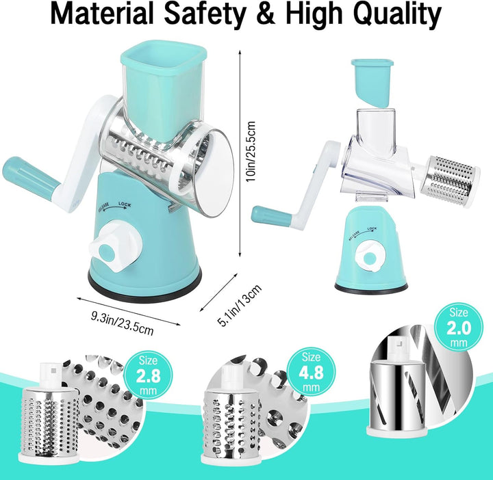 Dreamhigh® Käsereibe mit Kurbel, Gemüseschneider mit 3 Edelstahl Austauschbaren Trommelklingen, Manu