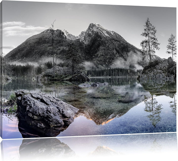 Pixxprint Sonnenaufgang am Hintersee / 100x70cm Leinwandbild bespannt auf Holzrahmen/Wandbild Kunstd