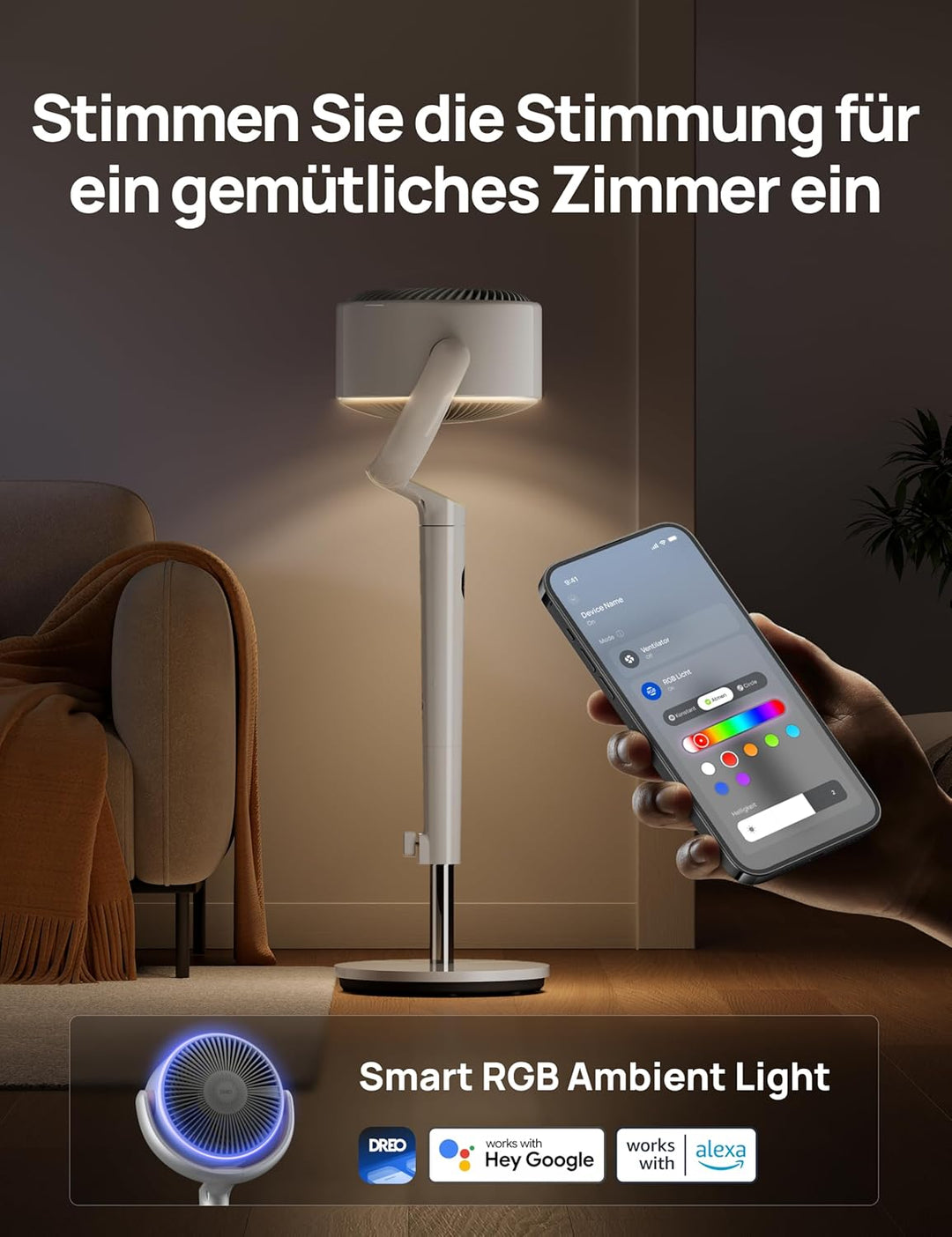 Dreo Smart Standventilator mit RGB Light, 120° +120° Oszillierender Ventilator mit Fernbedienung, 20