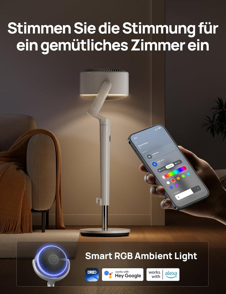 Dreo Smart Standventilator mit RGB Light, 120° +120° Oszillierender Ventilator mit Fernbedienung, 20