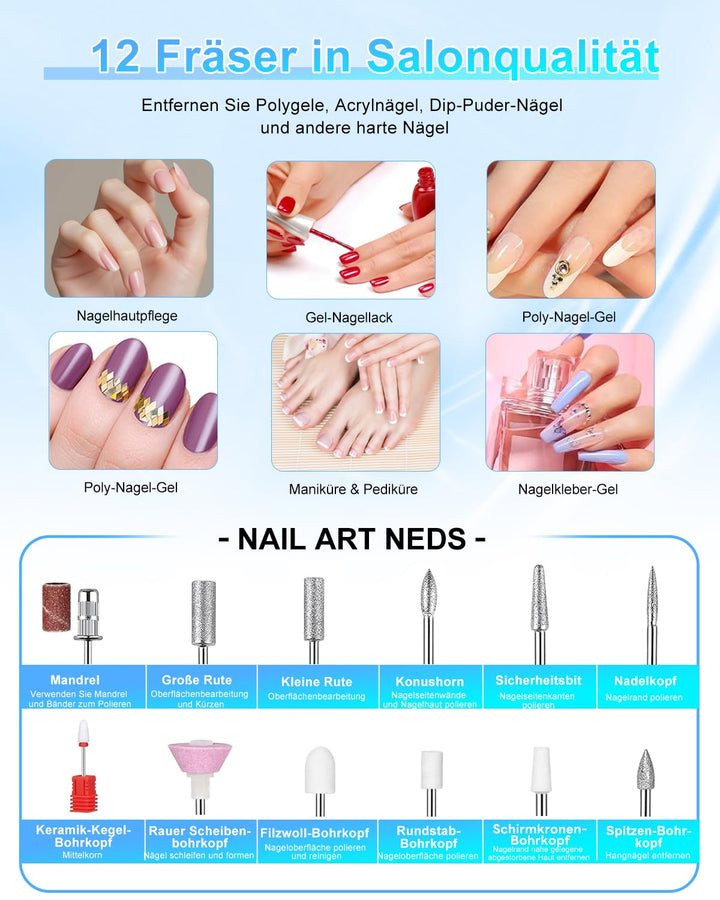 CozyZen Elektrische Nagelfräser Professional: 45000 U/min Nagelpflege-Kit mit LCD-Display, Hand- & F