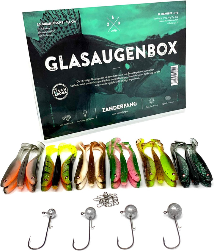 Zanderfang Gummifisch Box - Gummifische mit Jigkopf zum Zanderangeln mit Gummifisch - 30 Zander Gumm