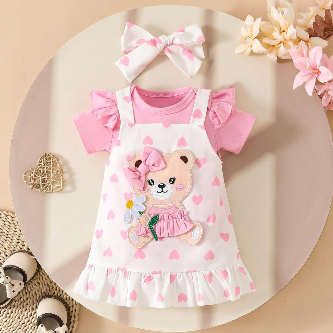 Baby Outfits für Mädchen mit Herz Print kurzärmelig Strampler Hosenträgerrock Bären Kleid Schleife S