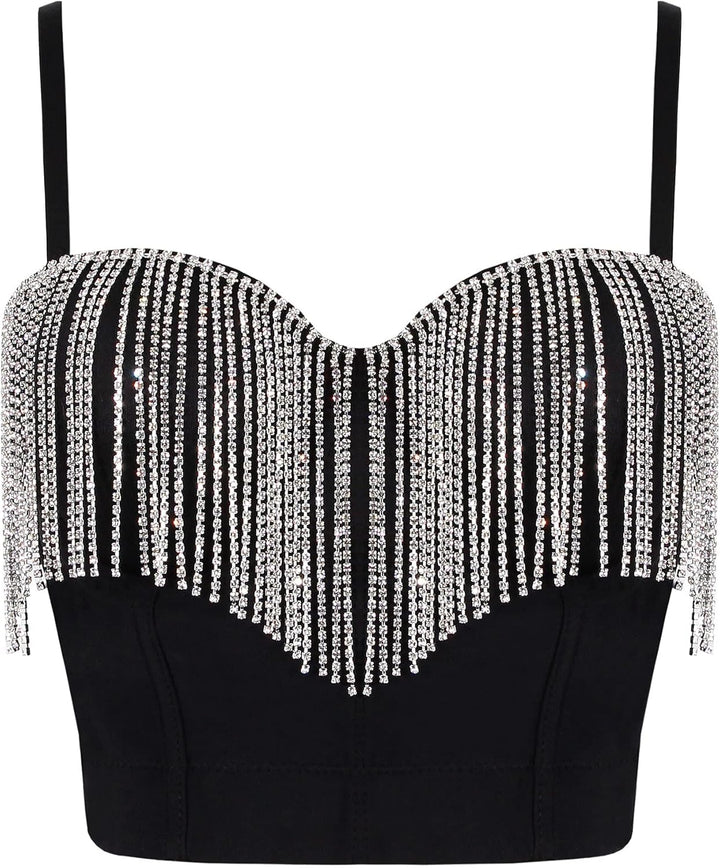 Naimo Damen Sexy Strass Quaste Bustier Push Up Crop Top Korsett BH Glitzer Diamant Tank Top Weste Pa