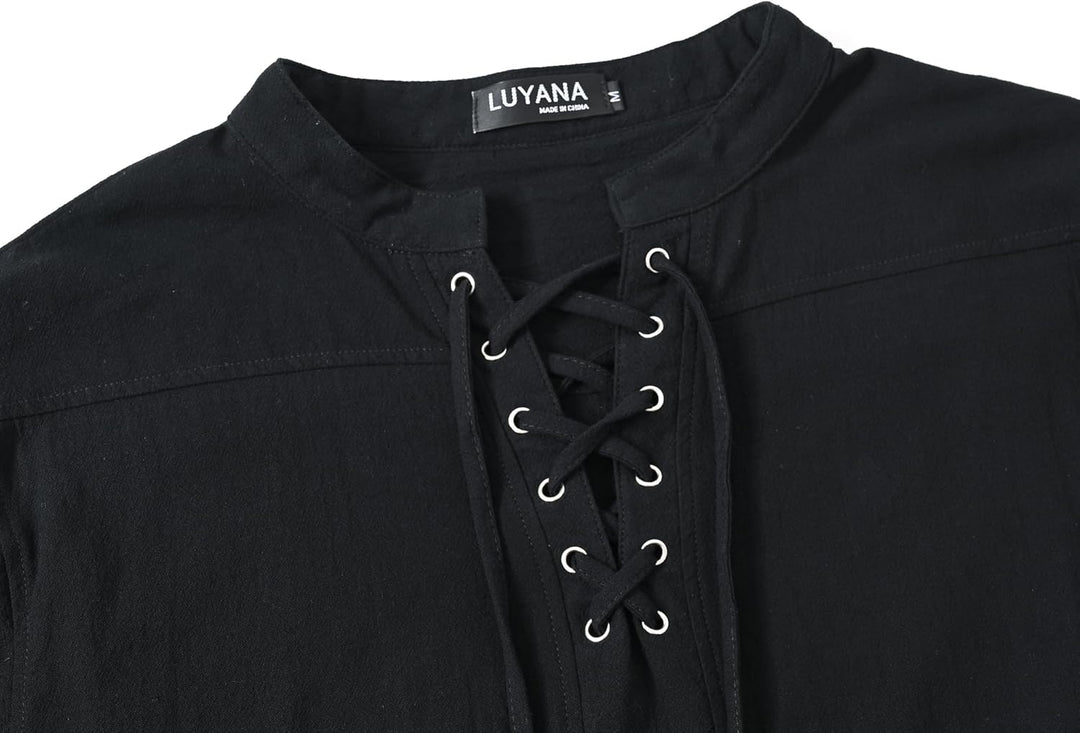LUYANA Herren Mittelalter Hemd Leinenhemd Schnürung Piratenhemd Renaissance Wikinger Shirt Stehkrage