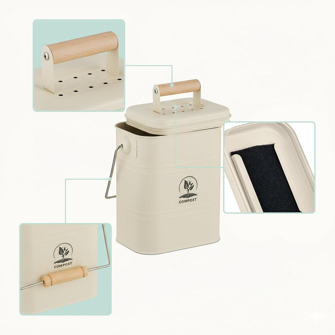 Relaxdays Komposteimer Küche, 3,5 Liter, 2 Aktivkohlefilter, Deckel, Henkel, Eisen & Holz, Biomüllbe