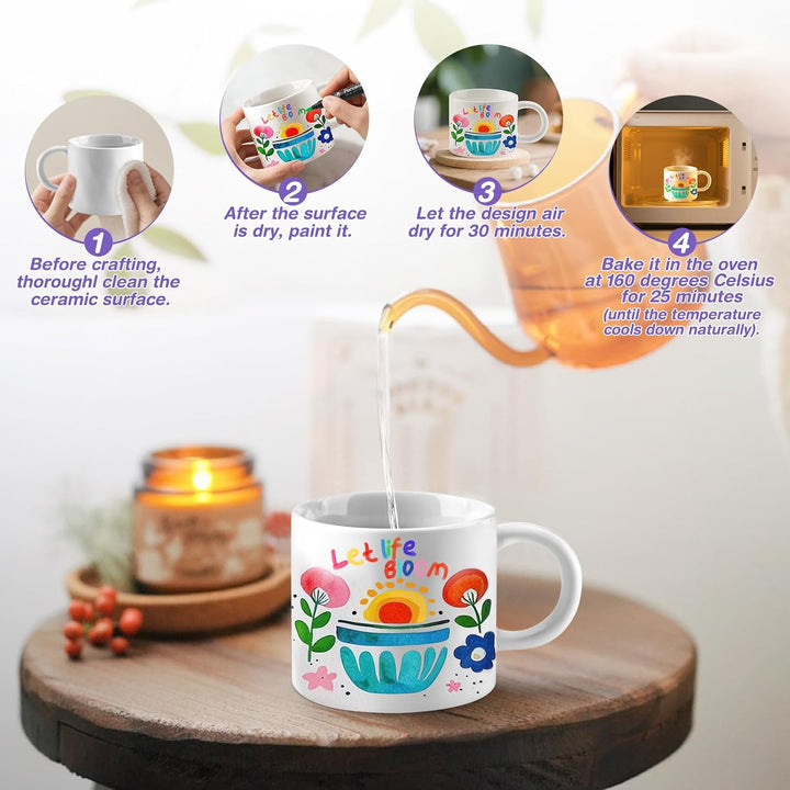 Keramik Tassen Bemalen Set für Erwachsene, DIY Keramik Bemalen Set mit Tassen, Porzellanstifte und A