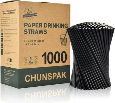 1000 Stück schwarze Papiertrinkhalme, 19,7x0,6cm - Grosspackung für Cocktails, Bars und Restaurants