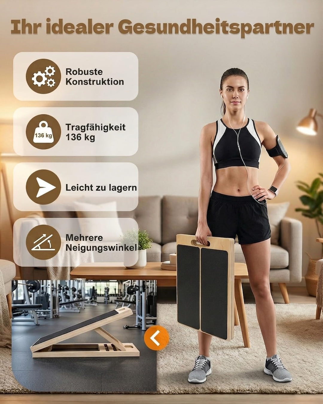 5-stufige Verstellung Wadendehner Schrägbrett, Holz Verstellbar Slant Board mit 20°–45° Winkeln ruts