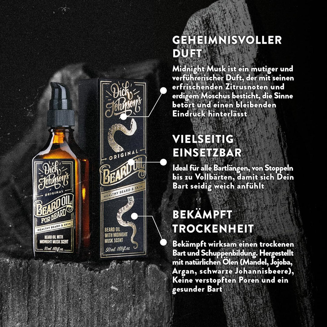 Dick Johnson Bartöl Midnight Musk Duft 50 ml – Bart Öl mit Arganöl, Jojobaöl und Mandelöl – Bartpfle