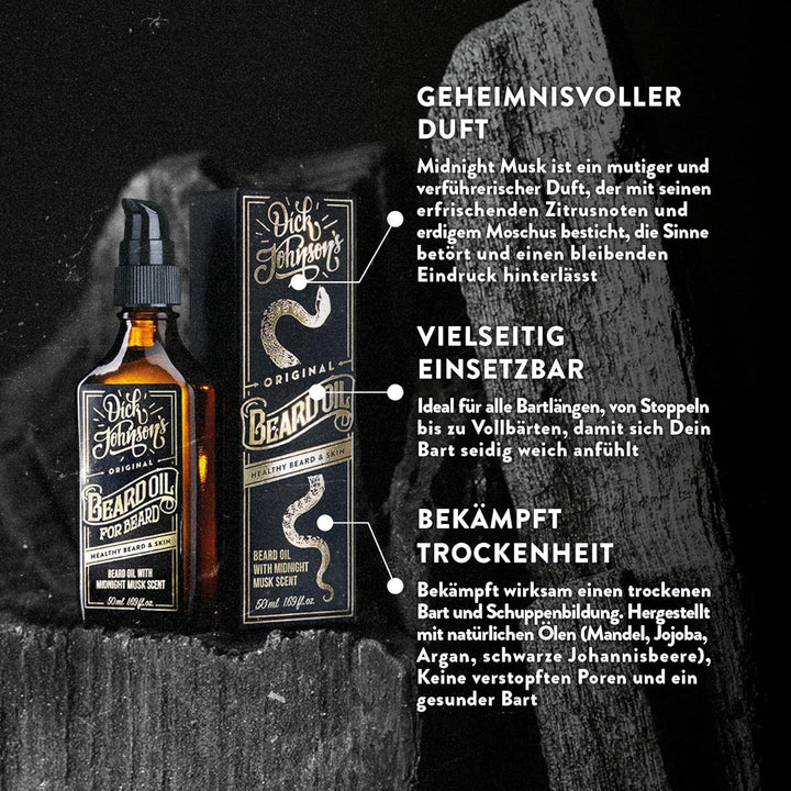 Dick Johnson Bartöl Midnight Musk Duft 50 ml – Bart Öl mit Arganöl, Jojobaöl und Mandelöl – Bartpfle
