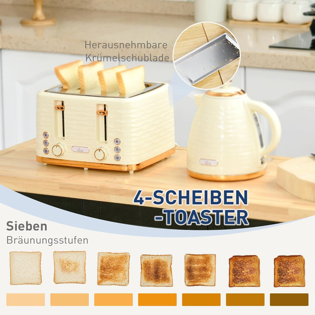 HOMCOM Wasserkocher Toaster Set Frühstück-Set mit 1,7L Wasserkocher, 4 Scheiben Toaster, 2200 W, 7 B