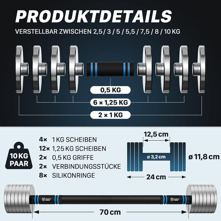 Northdeer 2in1 Set Verstellbar Stahl Kurzhanteln Langhanteln 10kg 2er Set - Ultrakompakte Gewichte 2