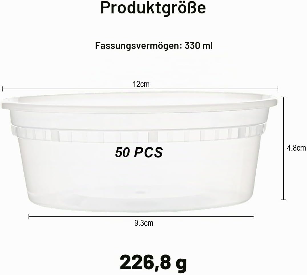 50 Stück Kunststoffbehälter mit Deckel - 330ml/8oz Wiederverwendbare Aufbewahrungsbecher für Lebensm