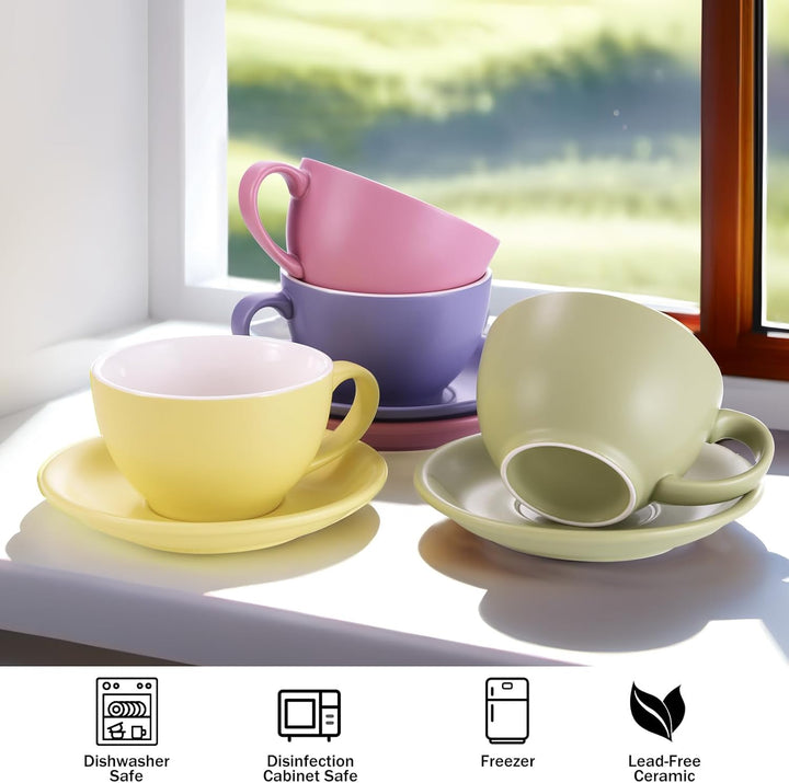 Yundu Cappuccinotassen Set 4x 300ml – Keramik-Kaffeetassen mit Untertassen, Mattierte Helltöne-Mix f